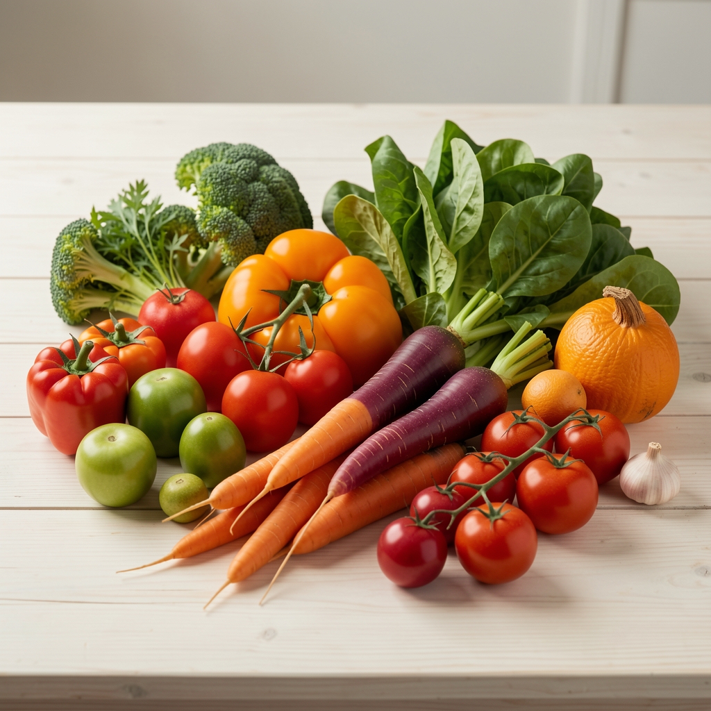 Frisches Obst und Gemüse auf einem hellen Holztisch, angeordnet nach Farbe und Saison