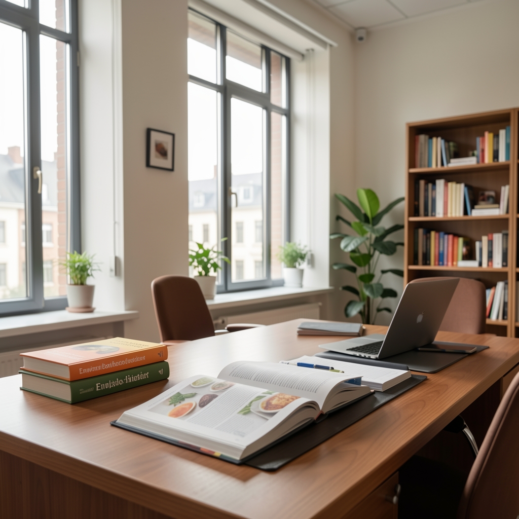 Helles Büro mit Schreibtisch, aufgeschlagenen Büchern zur Ernährungswissenschaft und Tageslicht durch grosse Fenster