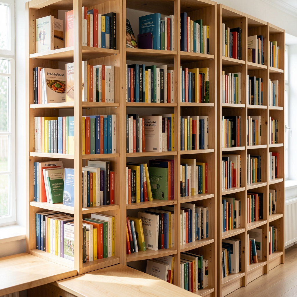 Grosses Bücherregal mit Fachliteratur zu Ernährungswissenschaft und Bewegungsforschung in einem hellen Raum